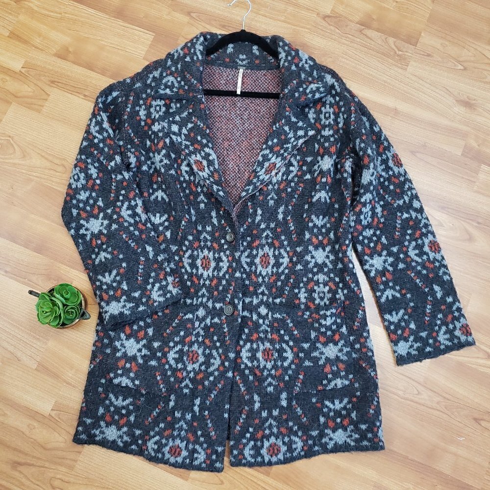 Free People Navajo Style Alpaca Wool Blend Blazer Cardigan Sz M Red Grey